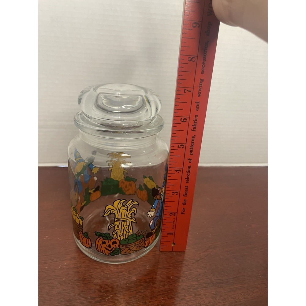 Vintage Libbey Glass Halloween Candy Jar W/ Lid Canister Scarecrow Pumpkin Patch - Picture 8 of 8